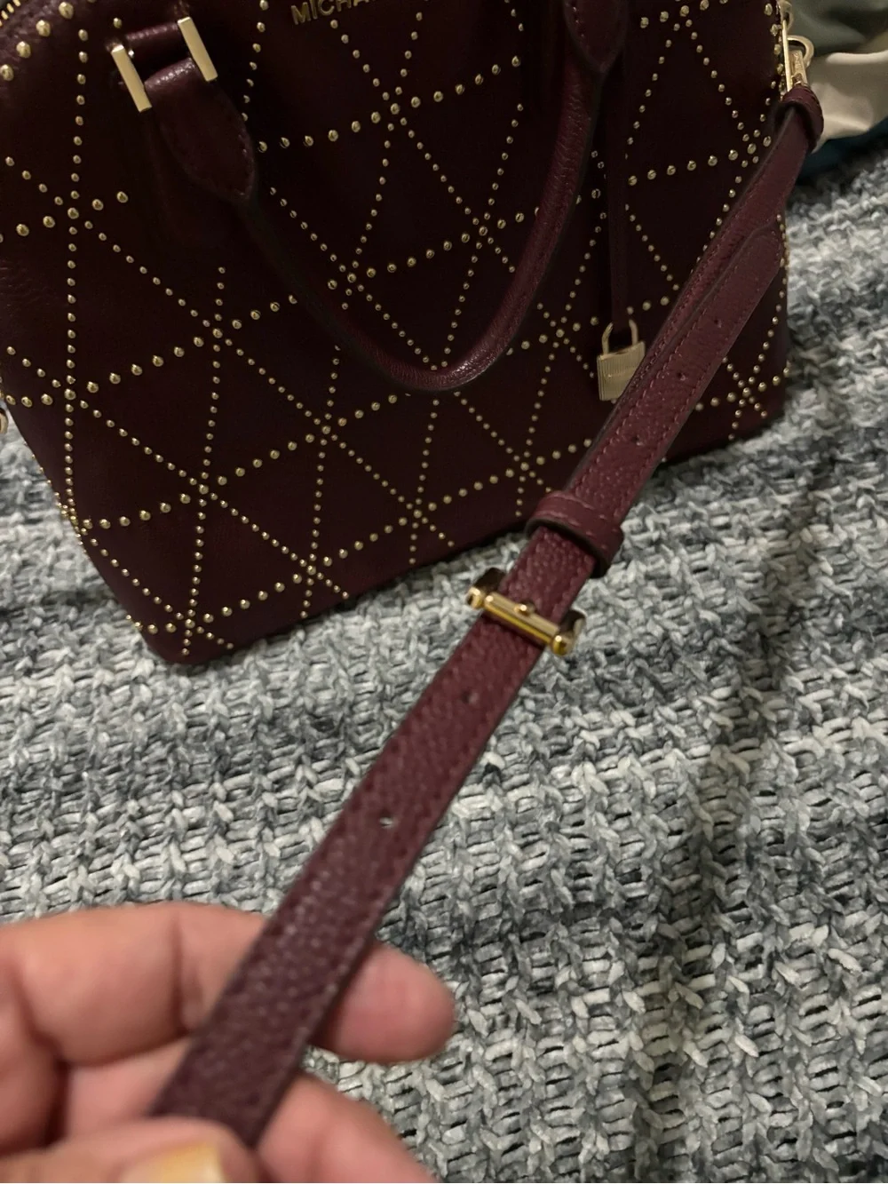 Michael Kors Maroon Leather Studded Satchel with Gold Hardware
